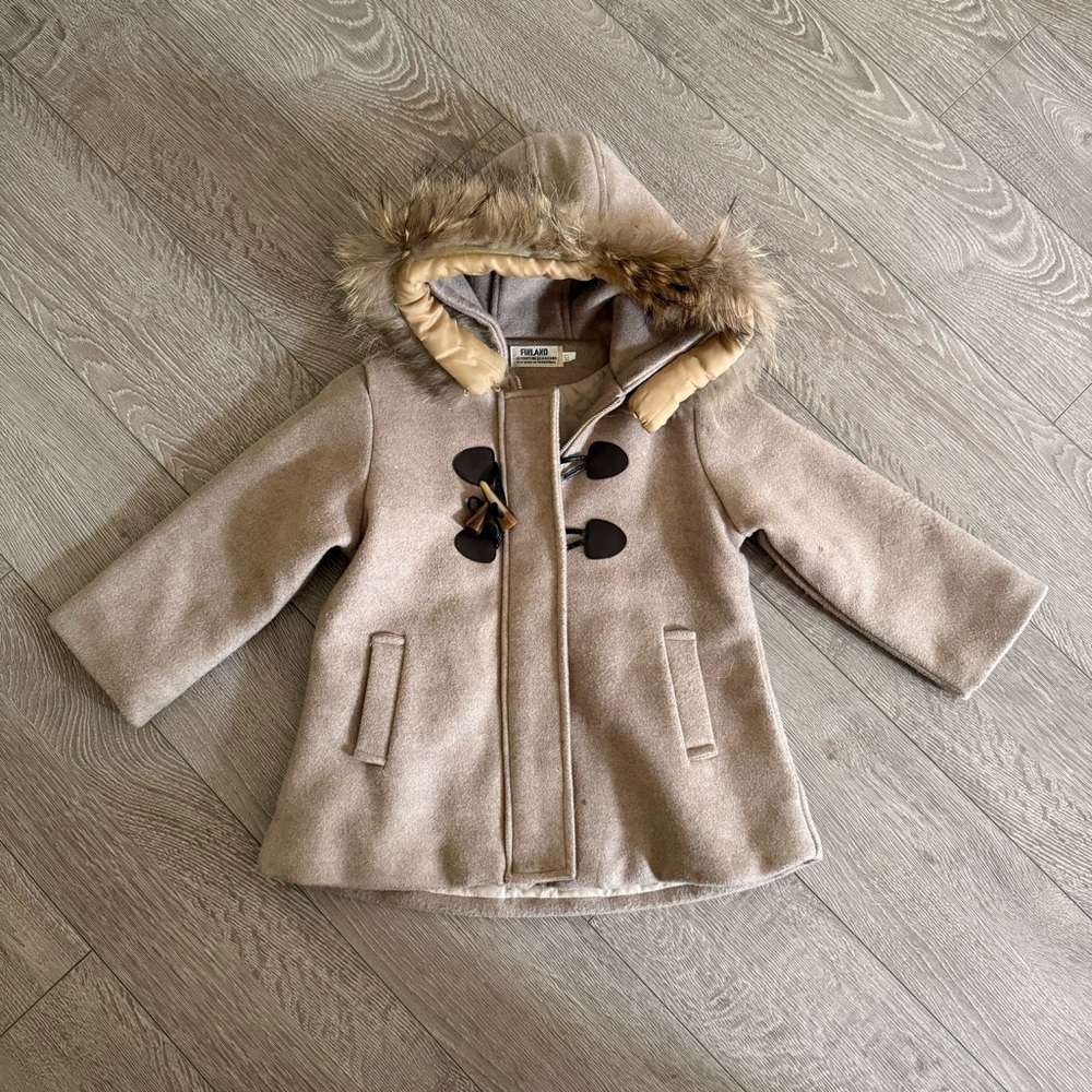 Winter Fashion Beige Thick Toggle Coat with Faux Fur Hood Girls